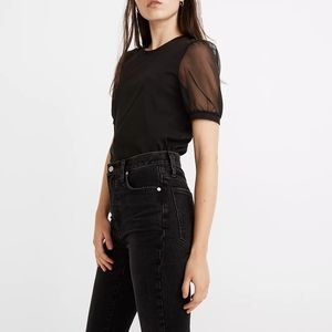 Madewell Puff Sheer-Sleeve Knit Top XXS Black Cotton blend